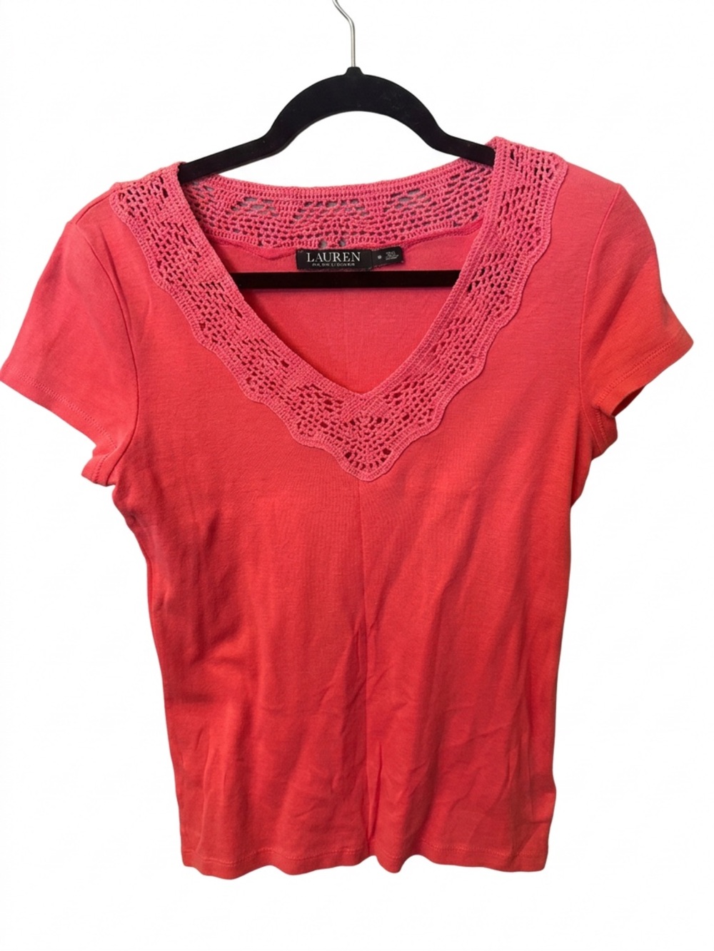 LAUREN Ralph Lauren Coral Crochet-Trim V-Neck Short Sleeve Top